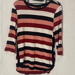 41 Hawthorn Women's Long Sleeve Striped Top - Black, Coral, Brown and White.